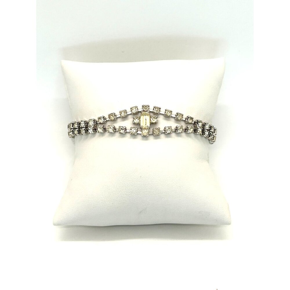 Vintage Clear Rhinestone Bracelet With Double Row Center Baguette Stone 7 Inch - Picture 2 of 10